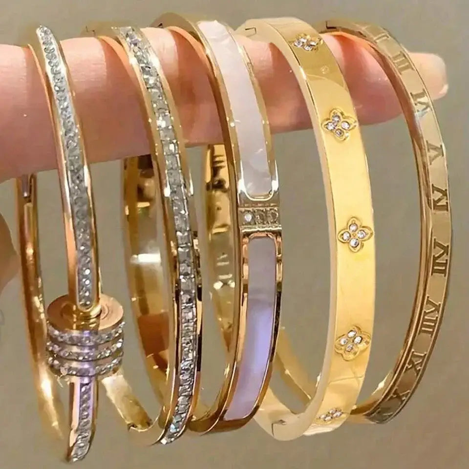 ZAKOL 5/1pcs Sparkling Zirconia Inlaid Stainless Steel Bracelet Set for Women Stackable Bangles Fashion Non Fading