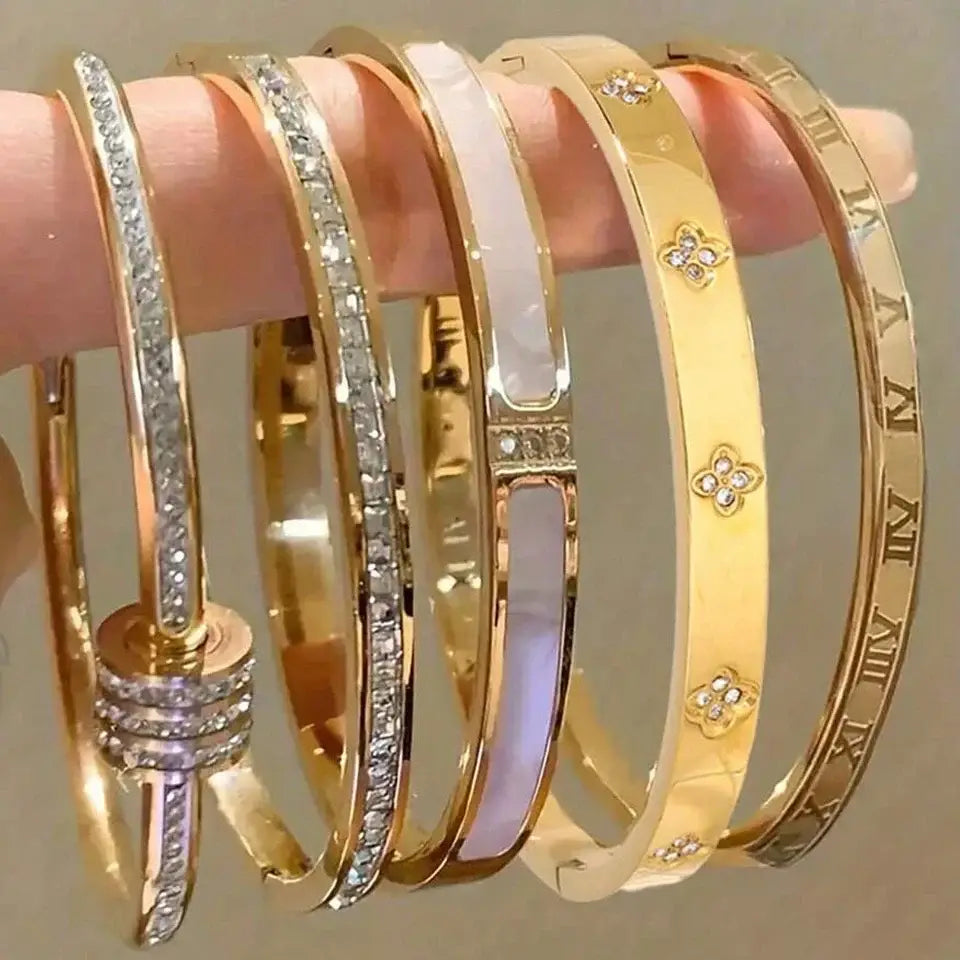 ZAKOL 5/1pcs Sparkling Zirconia Inlaid Stainless Steel Bracelet Set for Women Stackable Bangles Fashion Non Fading