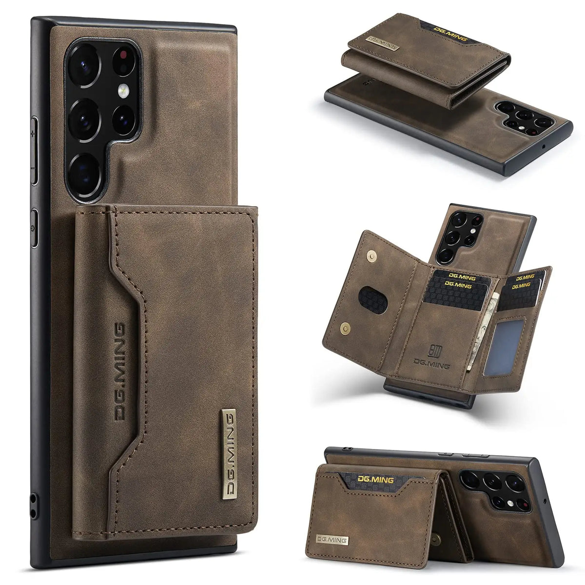 Brown leather wallet-style samsung galaxy s23 ultra case with card slots and zorsome branded logo in coffee color